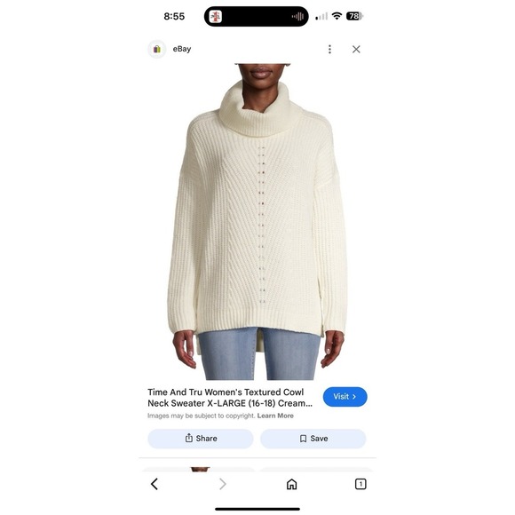 Time And Tru Women's Textured Cowl Neck Sweater X-LARGE (16-18) Cream Color - Picture 1 of 6